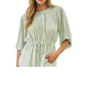 Doe & Rae Green Embroidered 3/4 Sleeve Top NWT sz Large Waist Drawstring